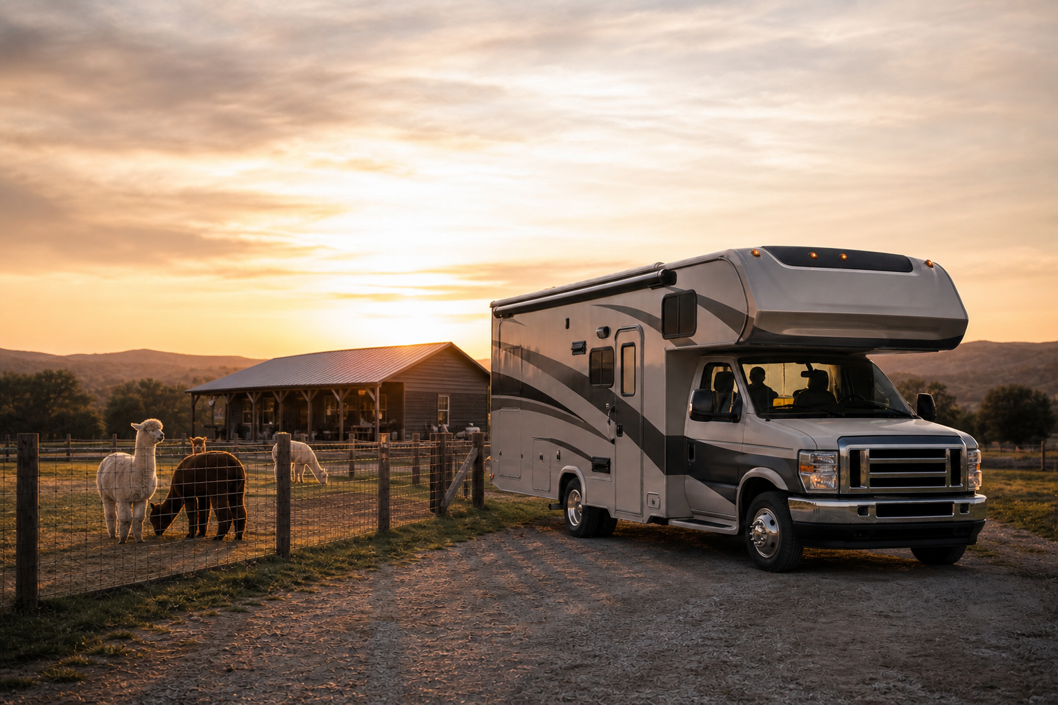 2025 Class C RV at Alpaca Farm During Sunset-1
